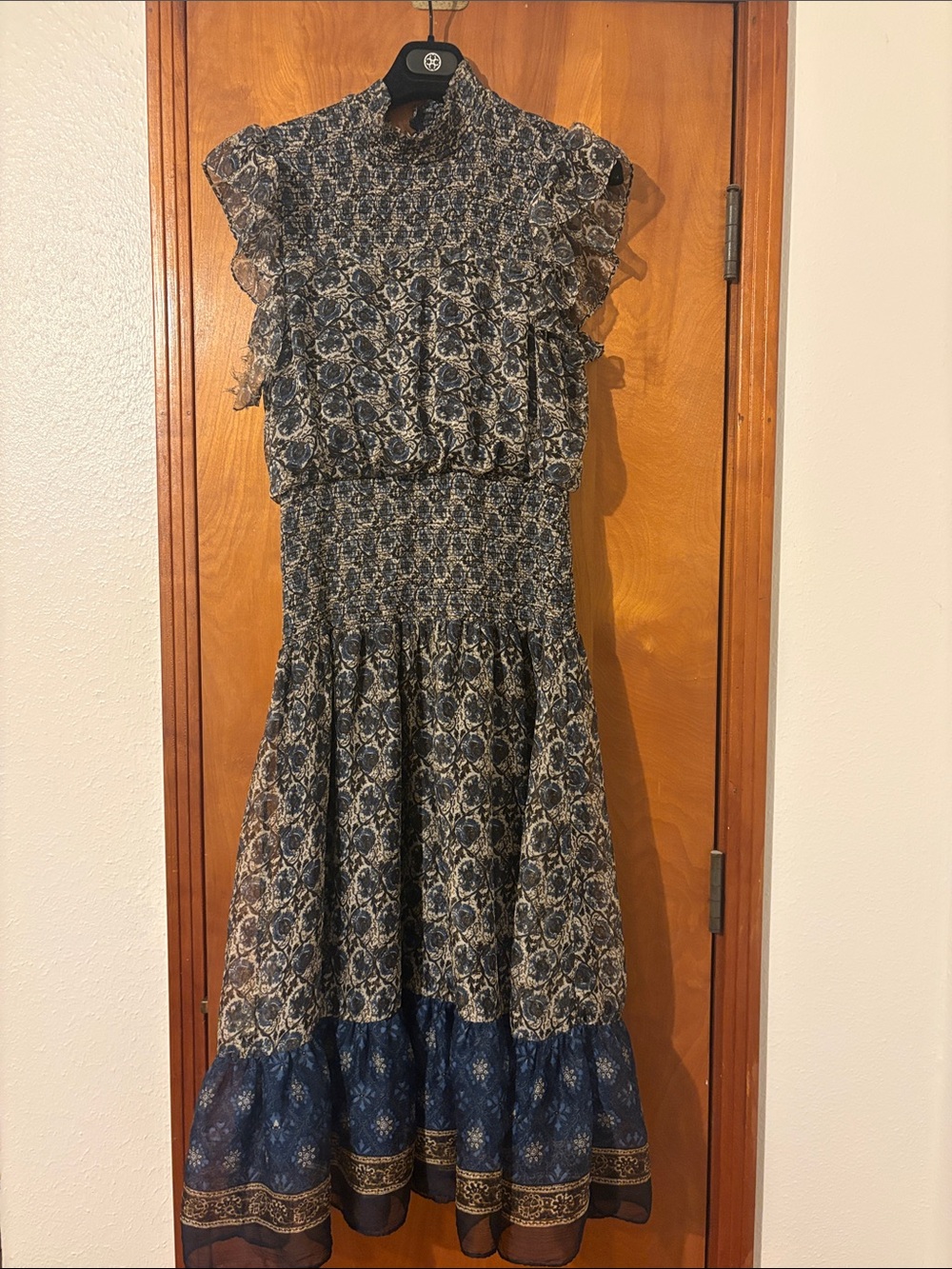 Aqua Navy Floral Smocked Midi Dress with Ruffle Sleeves